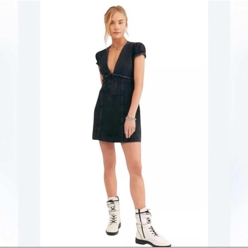 New Free People Dress 4 Mini Denim Black Lace Up Corset Puff Sleeve Grunge Goth